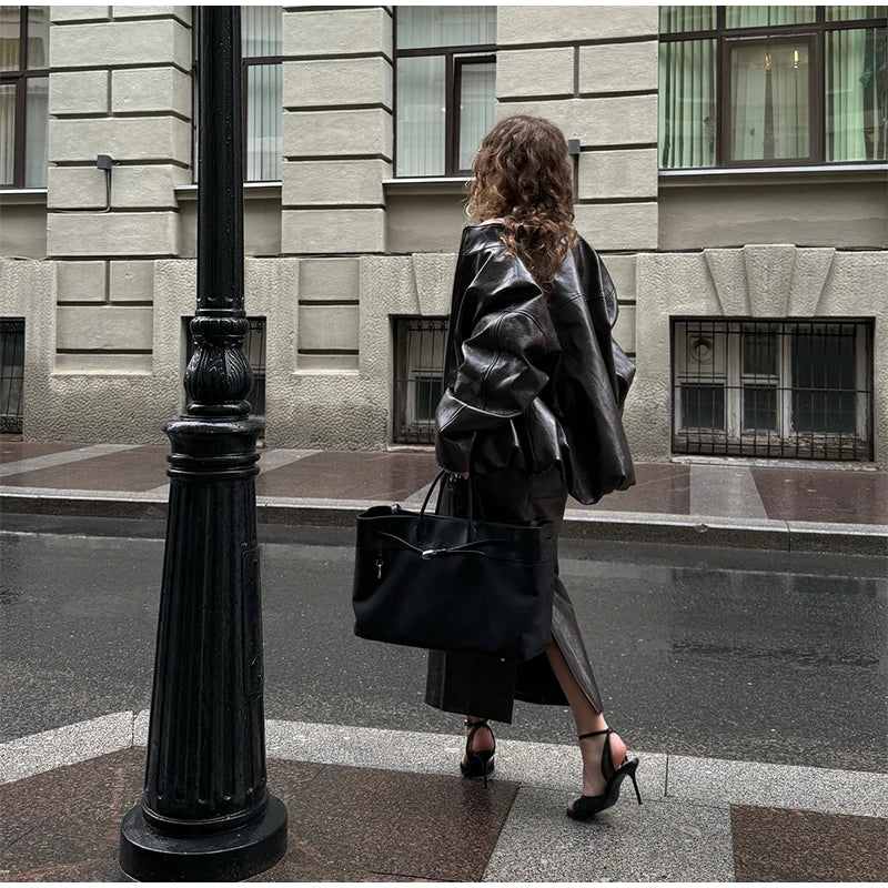 Stylish Leather Solid Jacket Pants Set Women Stand Collar Zipper Coat Loose Trousers Sets Female 2025 Autumn Fashion Streetwears