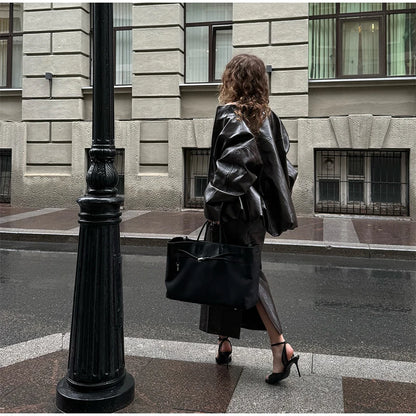 Stylish Leather Solid Jacket Pants Set Women Stand Collar Zipper Coat Loose Trousers Sets Female 2025 Autumn Fashion Streetwears