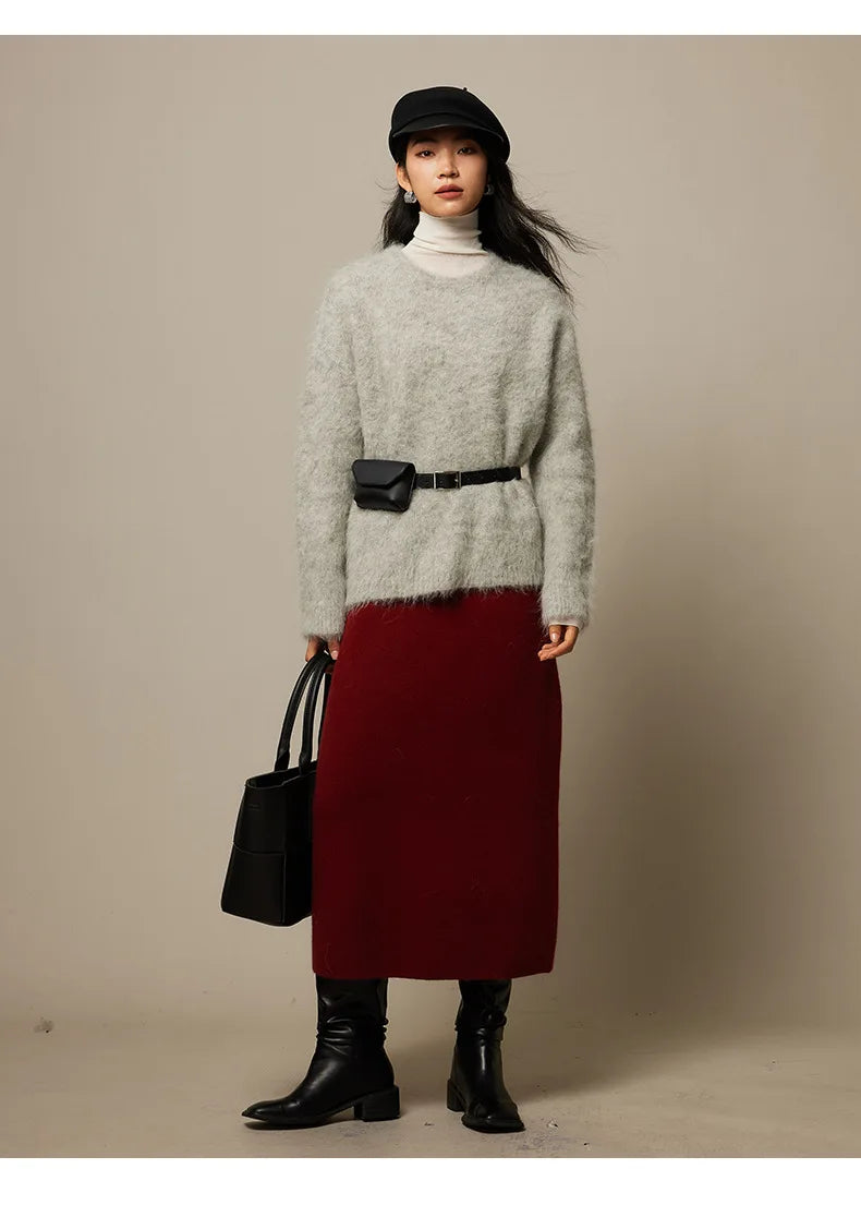 SuyaDream Warm Alpaca Pullovers for Woman, Dropped Sleeved Loose Sweaters, 2025 Fall Winter Top, Camel, Beige