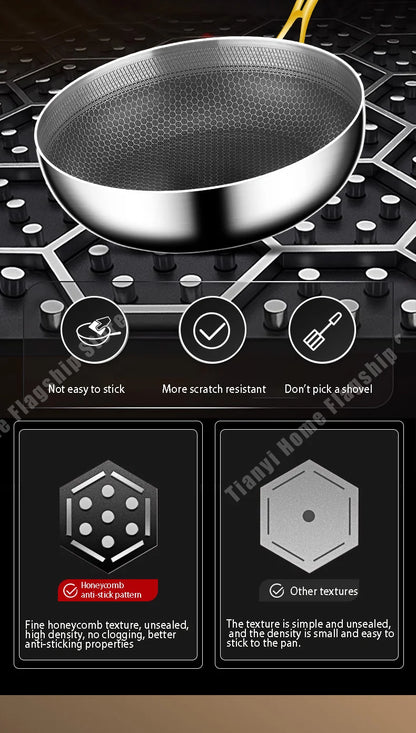 316 Stainless Steel Frying Pan Wok Non-stick Cooking Honeycomb Steak Gas Stove Pot Induction General Saucepan Kitchen Cookware.