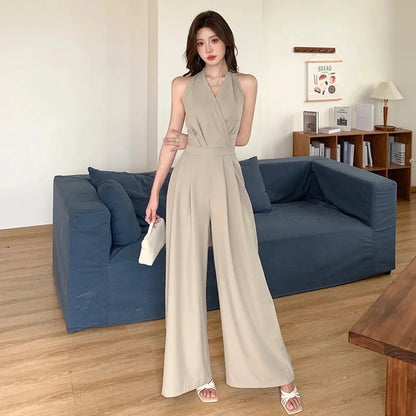 French Vintage Polyester Halter One-Piece Pants Women's Summer Business Commute High Waist Slimming Versatile Suit Long Pants