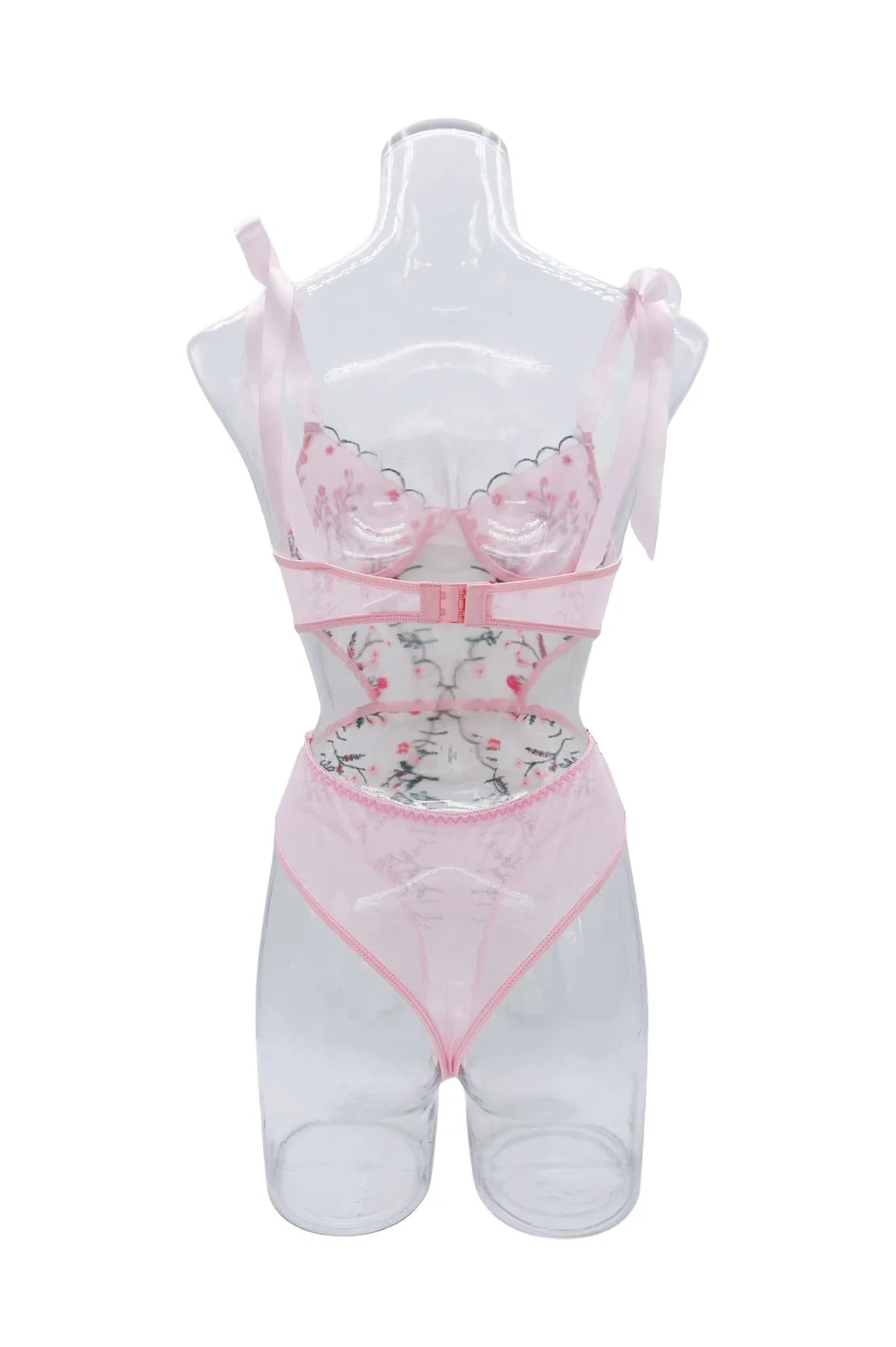 Sexy Pink Floral Embroidery Lingerie Bodysuit Hollow Out Strap Bow Tie Underwear Playsuit Backless Patchwork Mesh Erotic Romper.