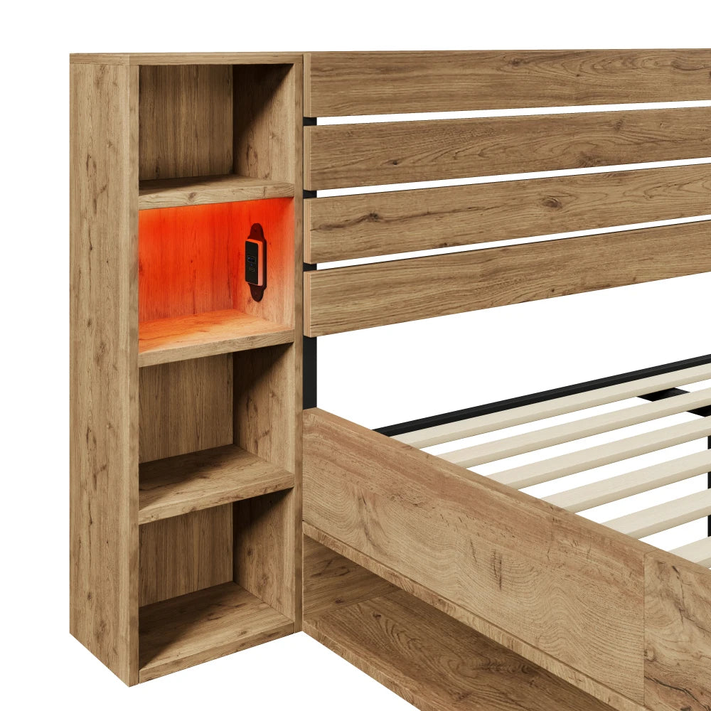 Bett mit gepolstertem Bettsystem mit Leselampe und USB-C-Nachttisch und Sitzbank mit Stauraum (ohne Matratze)