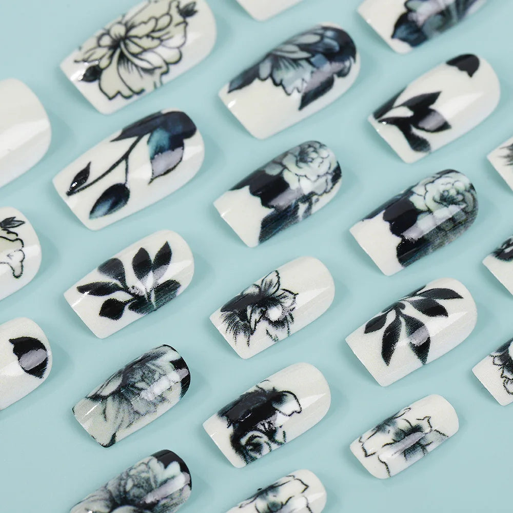 24pcs/set short medium long fake nails for Spring summer season gradient peach flowers butterfly heart press on false nail art