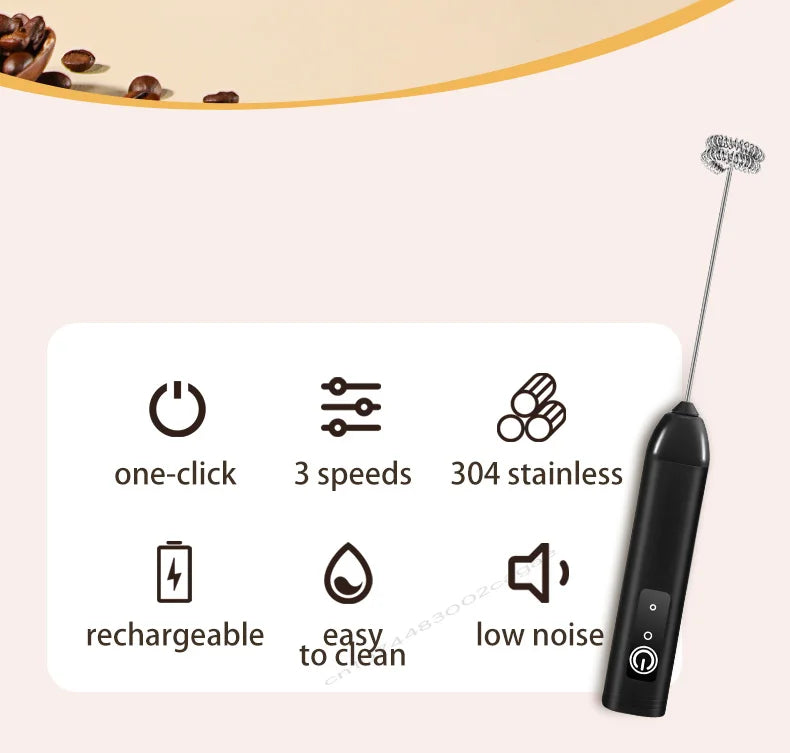 Electric Milk Frother USB Rechargeable Handheld Egg Beater 3 Speeds Foam Maker Mixer Coffee Drink Frothing Wand Foamer Kitchen.