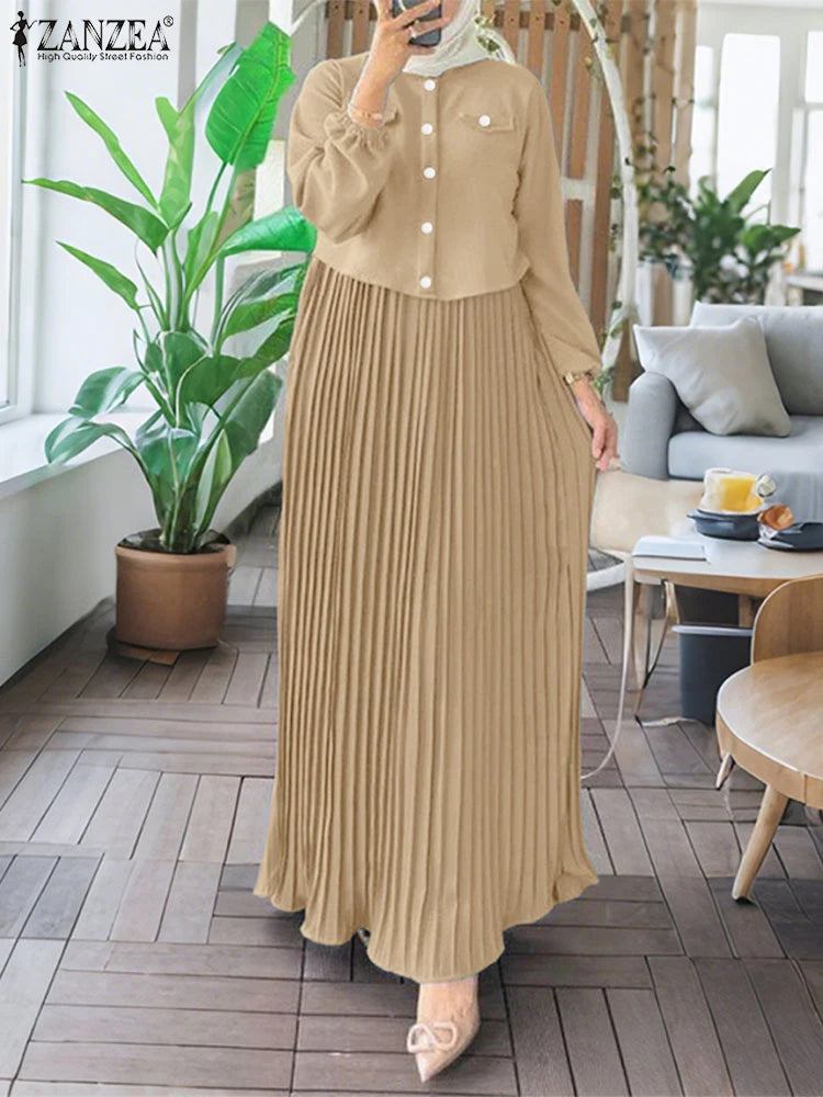 2025 ZANZEA Autumn Maxi Long Dress Women Elegant Long Sleeve Solid Pleated Sundress Patchwork Dresses Muslim Abaya Robe Femme.