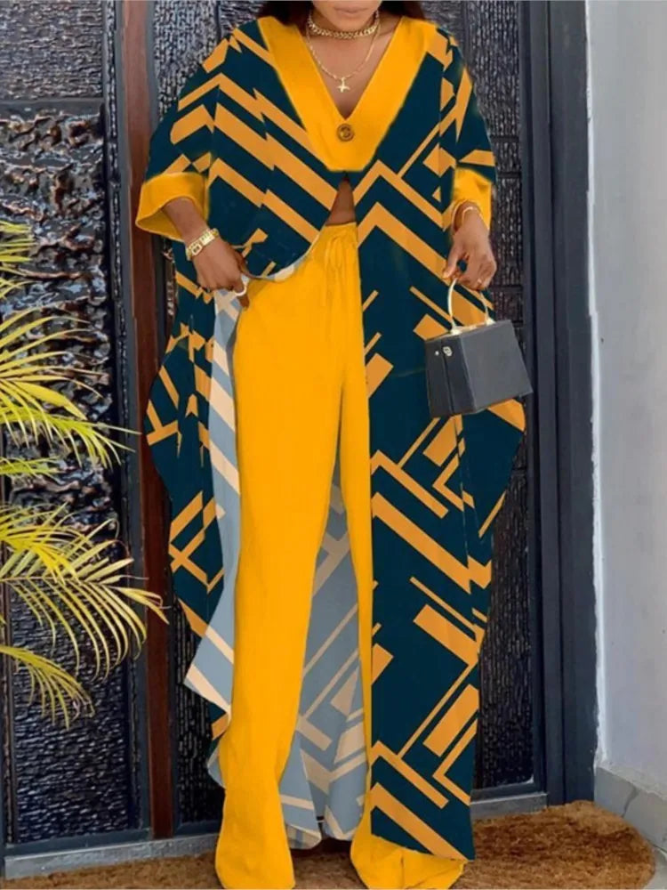 2023 Spring Summer New Women's V-neck Loose Long Sleeved Top Letter Printing Fashion Casual Open Front Women's Pants Set.