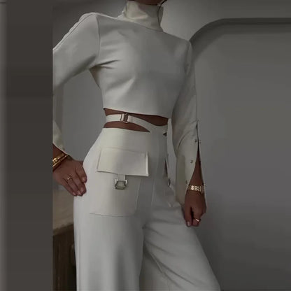 Women Pant Set Work Two Piece Sets Turtleneck Full Sleeve Tops Sexy Wide Leg Long Pants Loose Casual Elegant Matching Sets.