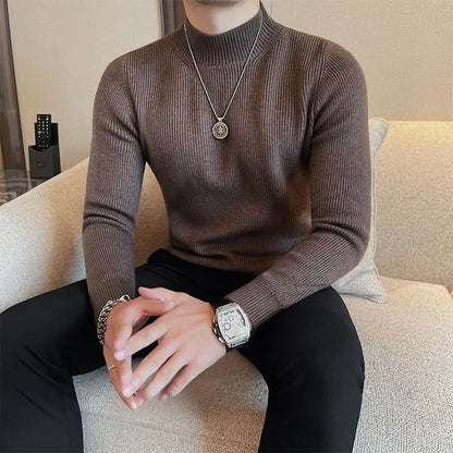 Half Turtleneck Sweater Men with Striped Wool in Autumn Winter Thickened Slightly Loose Base Knitted.