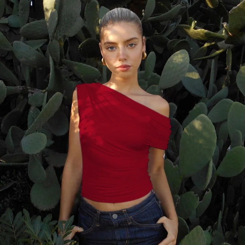Talenza Sexy One Shoulder Tops Womens Summer Fashion Hot Girls Backless Pleated Slim T-Shirt Casual Office Lady Party Tops Women
