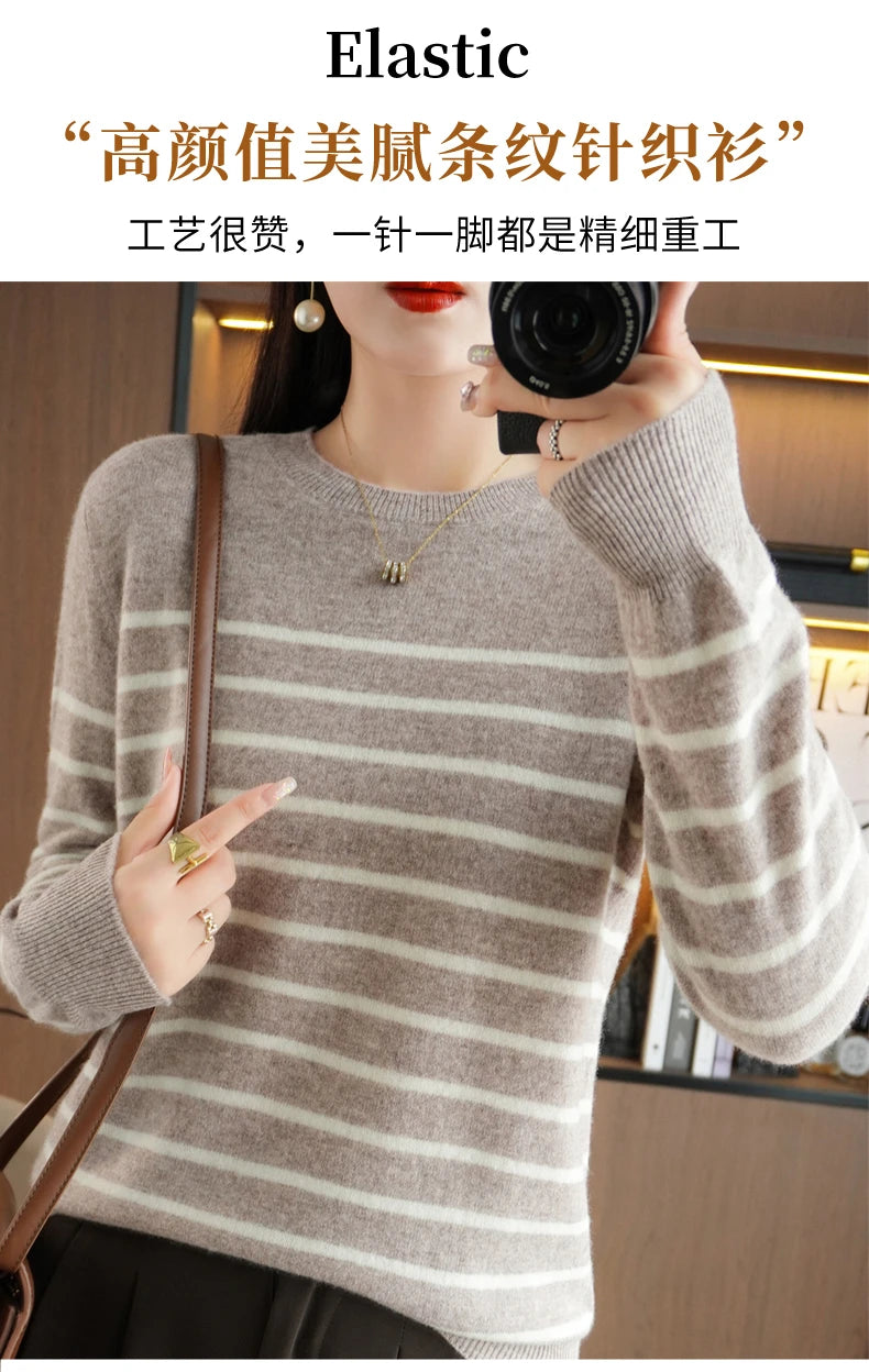 Herbst Winter neue Frauen O-Ausschnitt Farbe Streifen Pullover Wolle Mischung Mode weichen warmen Pullover Kaschmir lose lässig Strick Base Top.