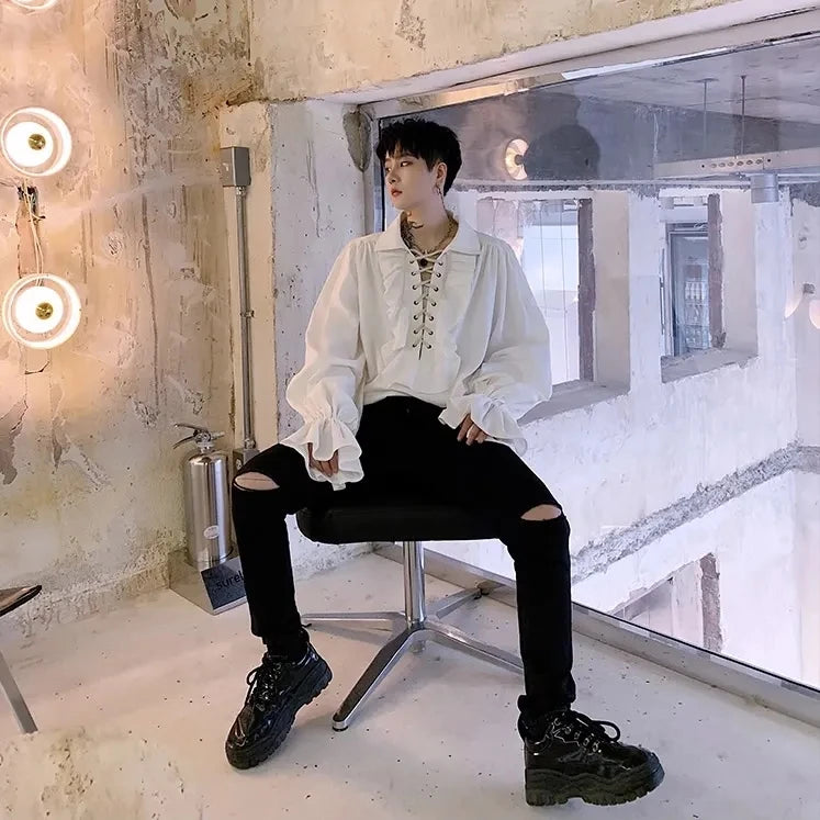 Pirate Shirt for Men Vintage Gothic Renaissance Style Frilled Lace-Up Medieval Buccaneer Blouse Top for All Seasons.