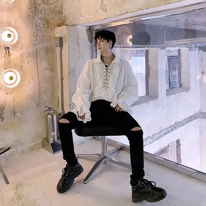 Pirate Shirt for Men Vintage Gothic Renaissance Style Frilled Lace-Up Medieval Buccaneer Blouse Top for All Seasons.