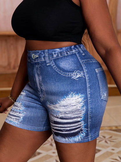 Plus-size women's shorts imitation jeans printed holes design casual fashion comfortable summer tight hot pants.