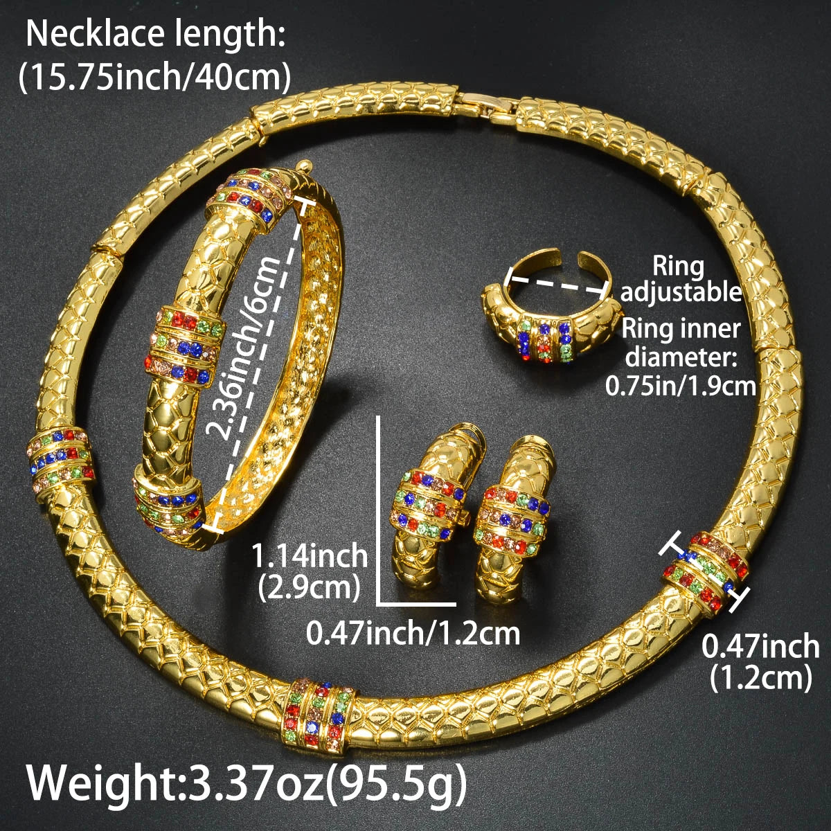 Luxury 18k Gold-Plated Women's Jewelry 4-Piece Round Necklace Bracelet Earrings Ring Gold Classic Dubai Wedding Gift.