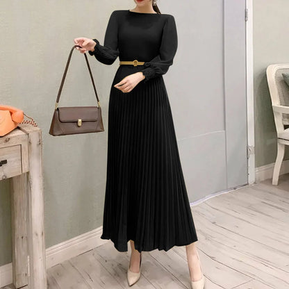 ZANZEA Elegantes Damen-Plisseekleid, edel, gesmokte Bündchen, langärmelig, O-Ausschnitt, Fit und Flare, lang, Vestidos, Pendeln, solide Party-Roben