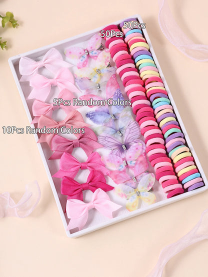115pcs Colorful Hair Accessories Set for Women Elastic Hair Ties Printed Butterfly Hair Clips Pink Hairpins Daily Use Headwear.