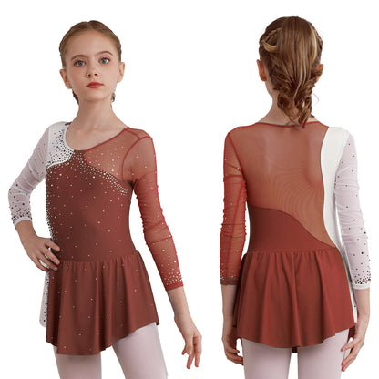 6-16Y Mädchen Eiskunstlauf Tanz Kleid Ballett Gymnastik Trikot Langarm Shiny Strass Sheer Mesh Leistung Dancewear