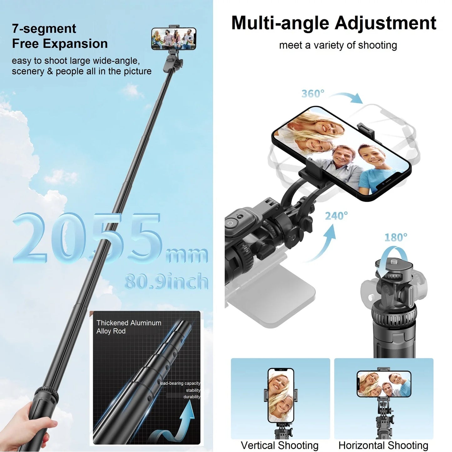 Selfie Stick Tripod with Remote for iPhone Phone Gopro DSLR Camera, 2.0m Extendable Phone Tripod Cold Shoe Mount for Vlog Videos.