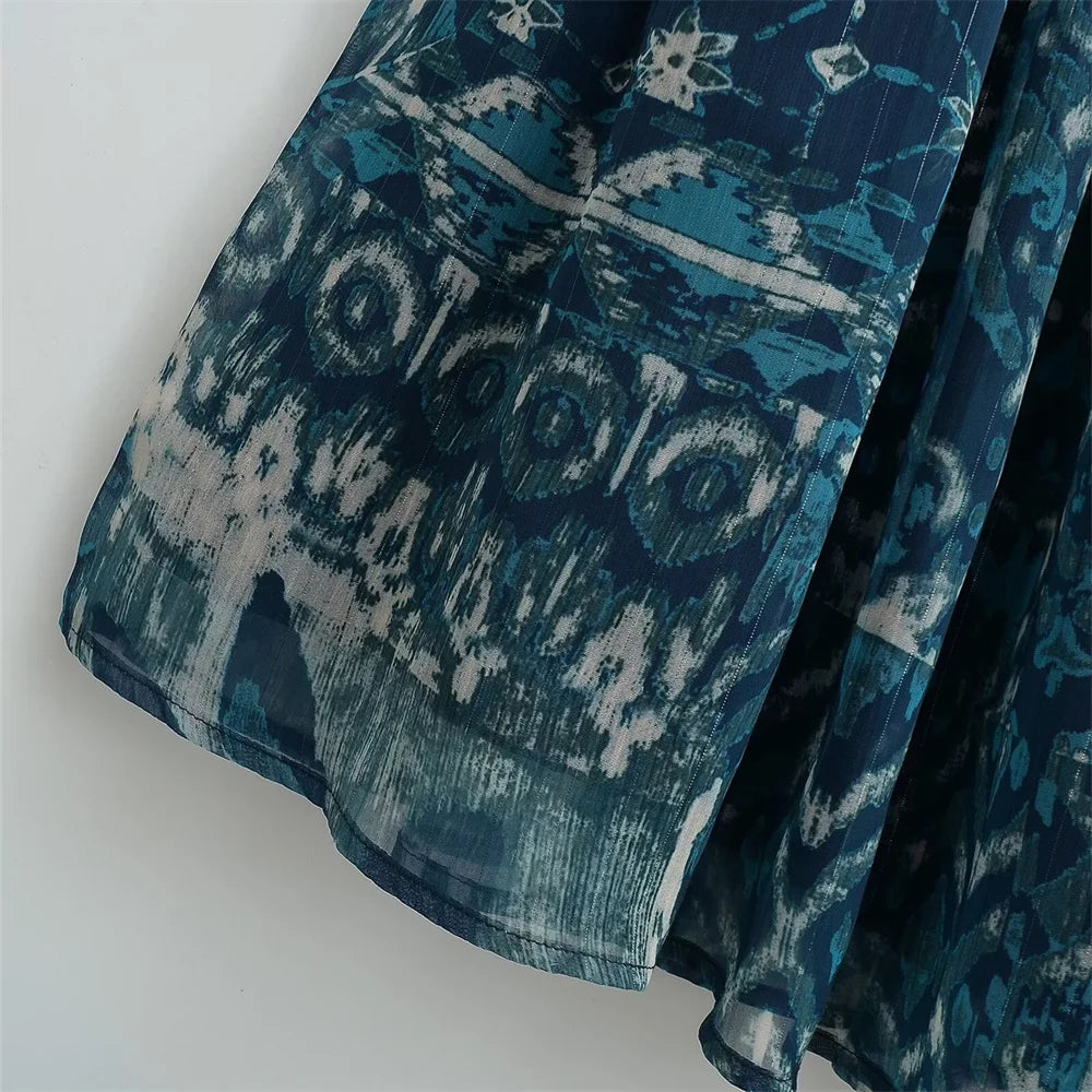 2024ZAR * Spring/Summer New Women's French Metallic Line Printed Cover Up High Waist Elastic Lace up Long Dress.