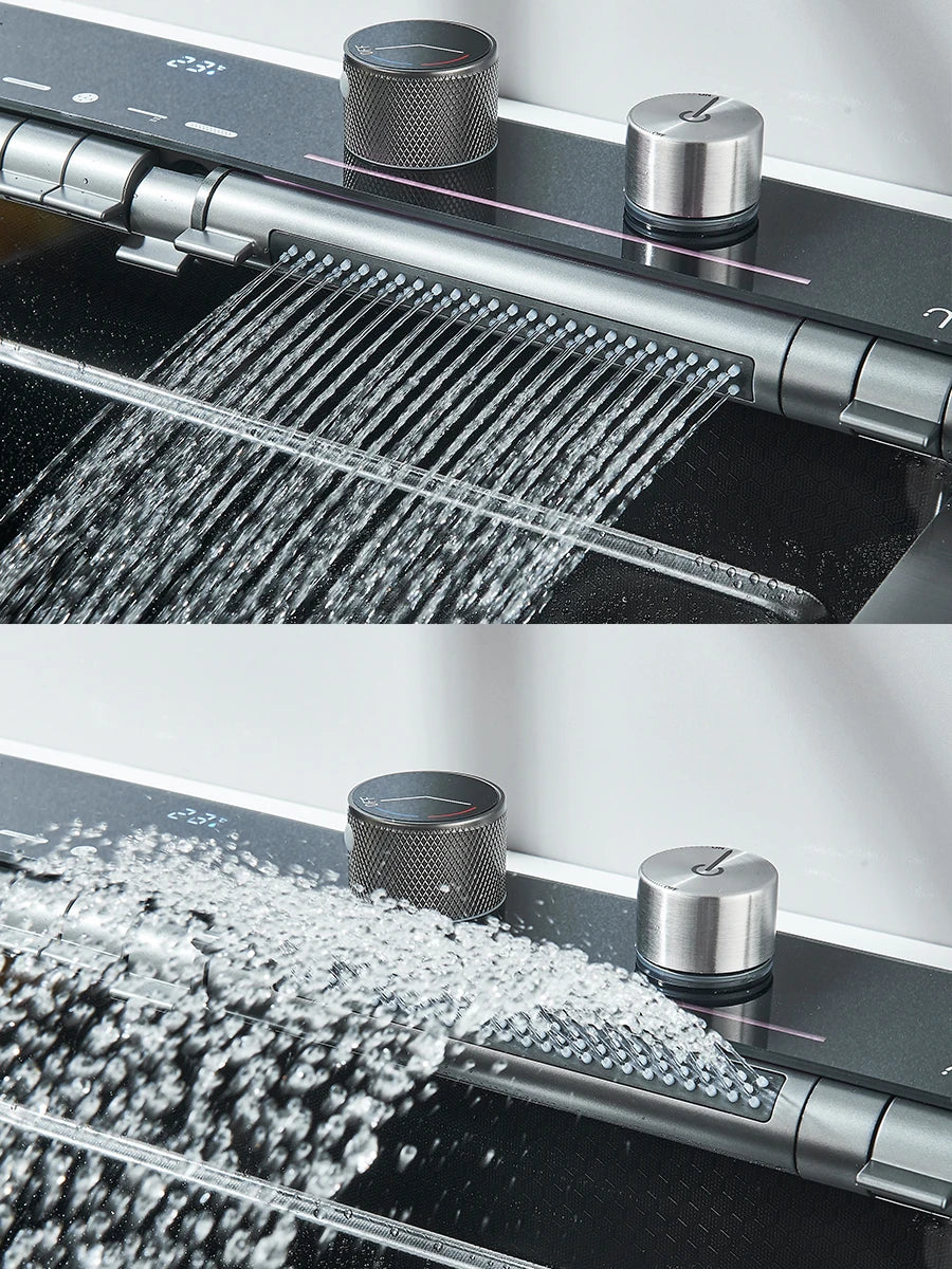 Küchenspüle aus Edelstahl 304, doppelter Wasserfall, Einzelschlitz, integrierte Digitalanzeige, Wasserhahn-Set, Seifenspender, Tassenwascher