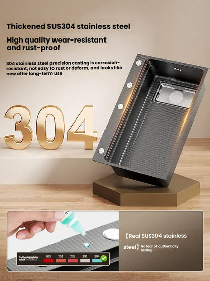 Gray 304 Stainless Steel Kitchen Sink Wash Dish Bowl Nano Embossing Large Single Slot Multifunctional Household Undermount Basin