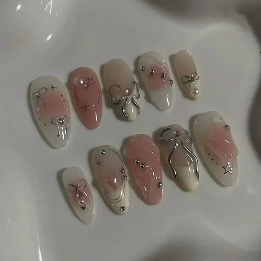 24Pcs White Almond False Nails Ballet with French Design Wearable Fake Nails Gradient Simple Full Cover Press on Nail Tips Art.