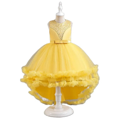 Gelbes ärmelloses Kinder leistungs kleid Bogens chwanz kleid Prinzessin kleid für 3y bis 12y Geburtstags feier kleidung.