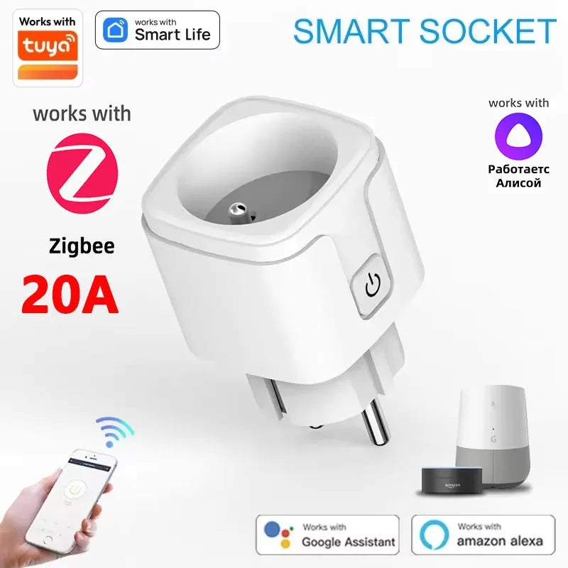 1PCS Zigbee 3,0 WiFi Smart Stecker EU Buchse Timer Adapter Outlet 16A/20A Power Monitor APP Voice control Tuya Alexa Google Alice.
