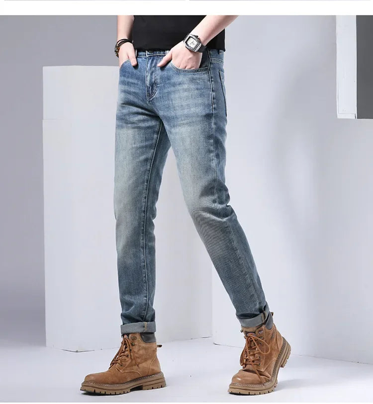2024 Men's Fashionable Simple Stretch Slim Fit Denim Trousers European Style High Quality Casual Export Men Pants.