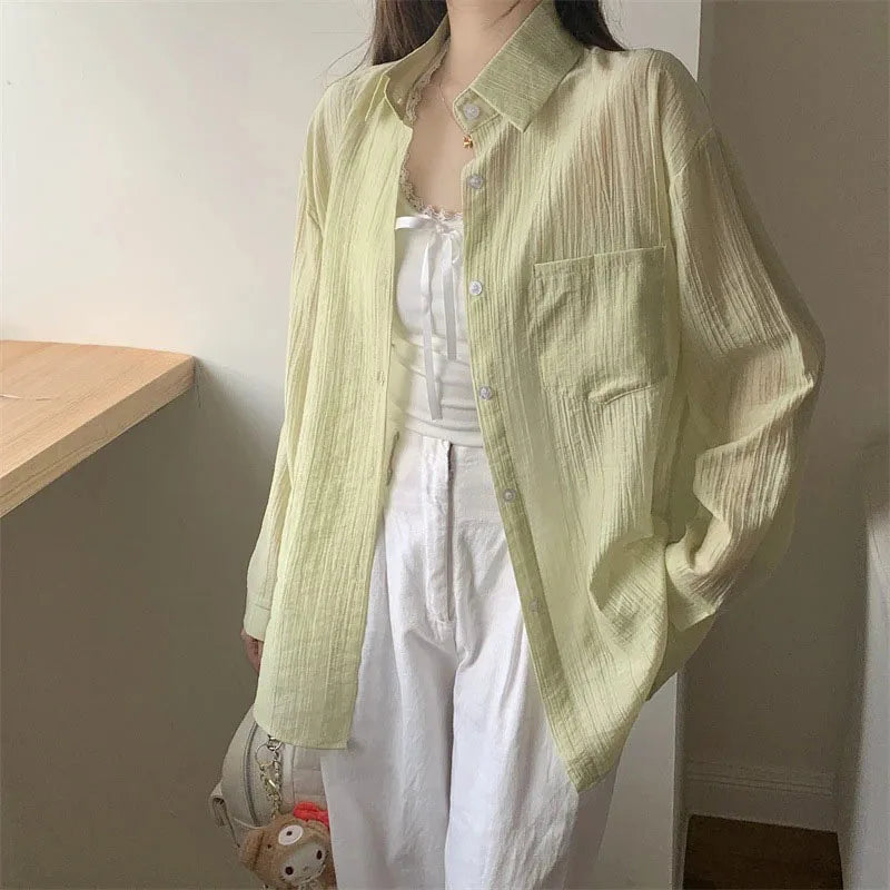 Women's Summer Sun Protection Shirts Casual Loose with Pocket Chiffon Blouses Female Korean Chic Thin Breathable Slimming Shirt.