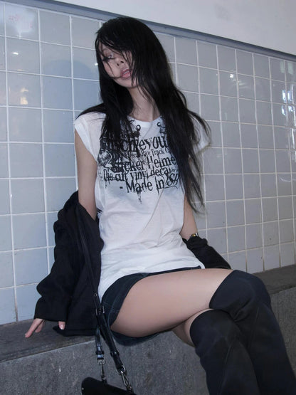 Karrram Japanese Y2k Letter Print T-shirt Trashy 2000s Style Tattoo T Shirt Vintage Harajuku Short Sleeve Sheer Tops Grunge Goth