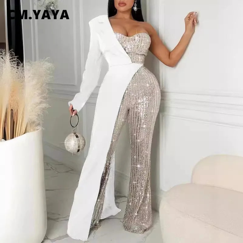 CM.YAYA Women One Long Sleeve Strapless Sequined Blazer Wide Leg Jumpsuits 2025 Evening Party One Piece Set Romper Playsuit.