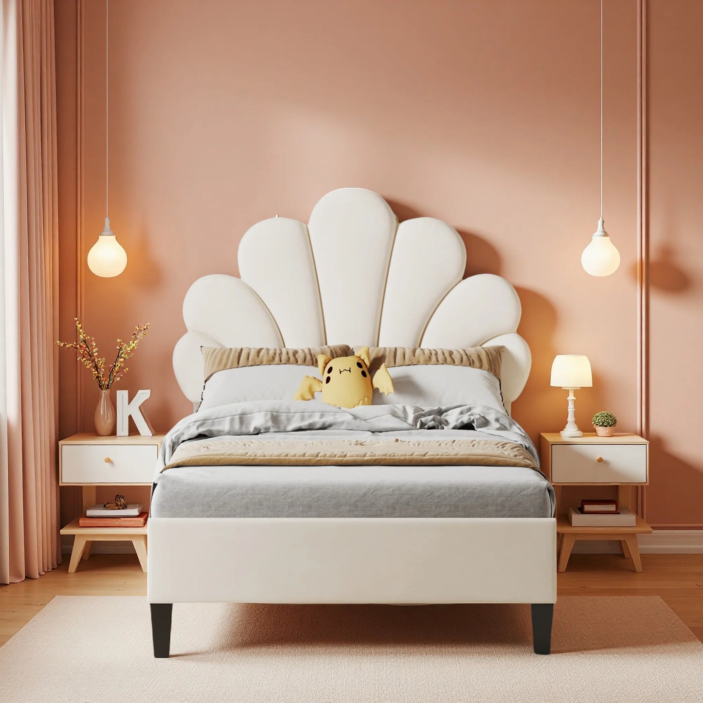 Rosahqnda Kinderbett Einzelbett Polsterbett 90x200cm Blumenkopfteil und Lattenrost aus Stoff für Mädchen ohne Matratze