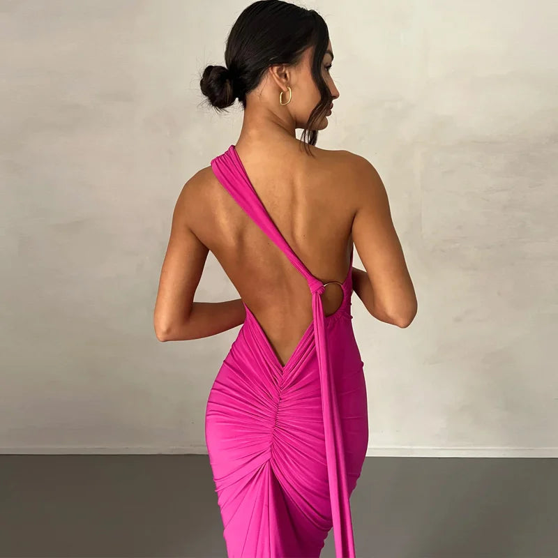 Mozision Schräge Schulter Backless Maxi Kleid Für Frauen Kleid Sommer Zurück Strap Ärmellose Geraffte Party Sexy Langes Kleid Vestidos.