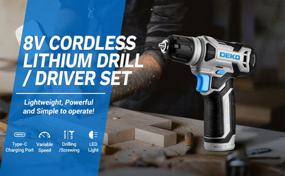 DEKO 8V Akku-Bohrschrauber-Set, 3/8 Zoll Schnellspannbohrfutter, integrierte LED, kabelloser Mini-Power-Treiber mit Schraubensatz, Elektroschrauber