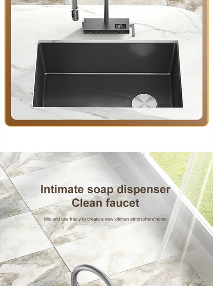 Black Stainless Steel Kitchen Sink Waterfall Sink dishwashing Basin Large Single Sink Household Sink Under The Counter Sink