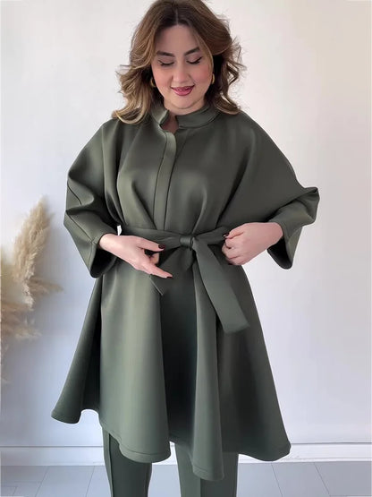 Ramadan Eid Muslim Two Piece Set Lace-up Long Shirt with Pants Women Suits Shirt Blouse Musulman Ensembles Islamic Dress Sets.