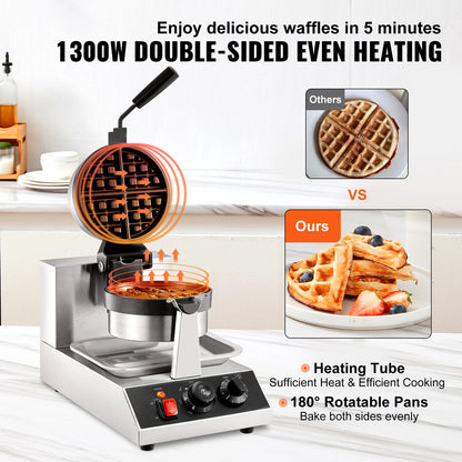 SucceBuy Electric Waffle Maker Stainless Steel Round Waffle Iron Non-Stick Waffle Baker Machine Teflon-Coated Baking Pans.