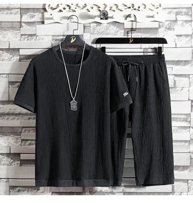 Summer Casual Ice Silk Short Sleeve T-Shirt Shorts Set for Men Fashionable Two-Piece Outfit Lightweight Sportswear Combo.