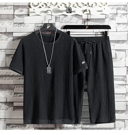 Summer Casual Ice Silk Short Sleeve T-Shirt Shorts Set for Men Fashionable Two-Piece Outfit Lightweight Sportswear Combo.