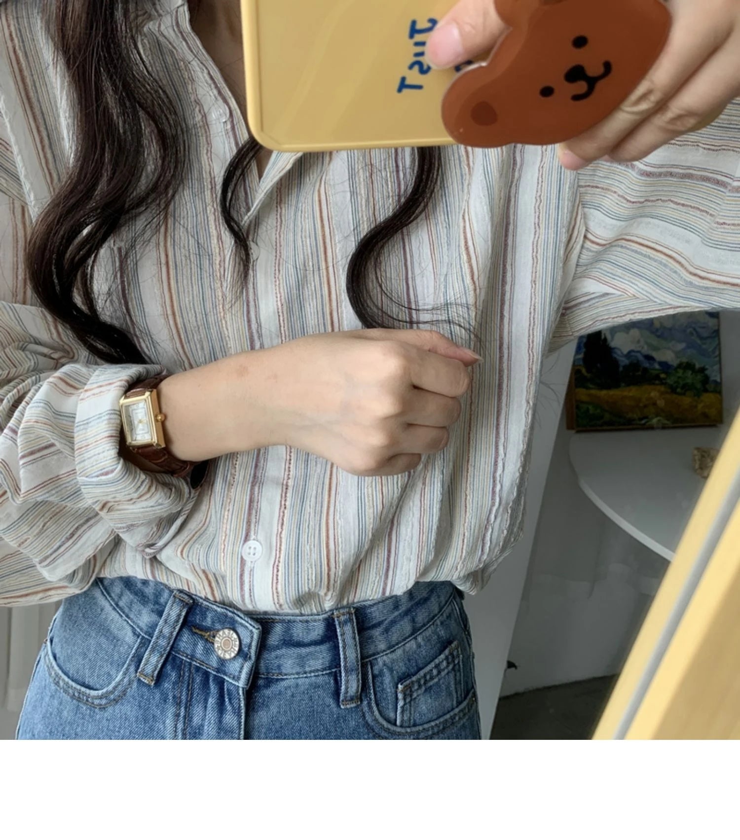 Vintage Office Lady Striped Shirt Spring Pocket Turn Down Collar Tops Korean Style Loose Long Sleeve Blouse Casual Women Clothes.