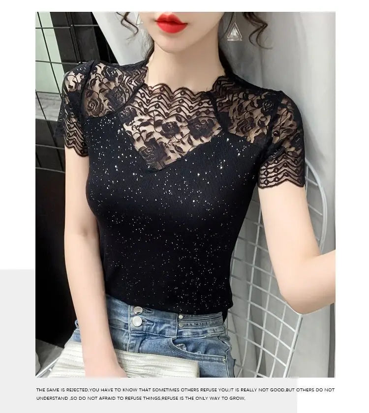Summer Women Tops Patchwork Bright silk Mesh T shirt Pathcwork Short Sleeve Lace Shirt.
