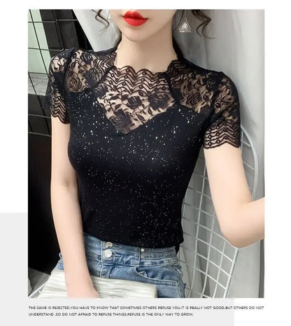 Summer Women Tops Patchwork Bright silk Mesh T shirt Pathcwork Short Sleeve Lace Shirt.