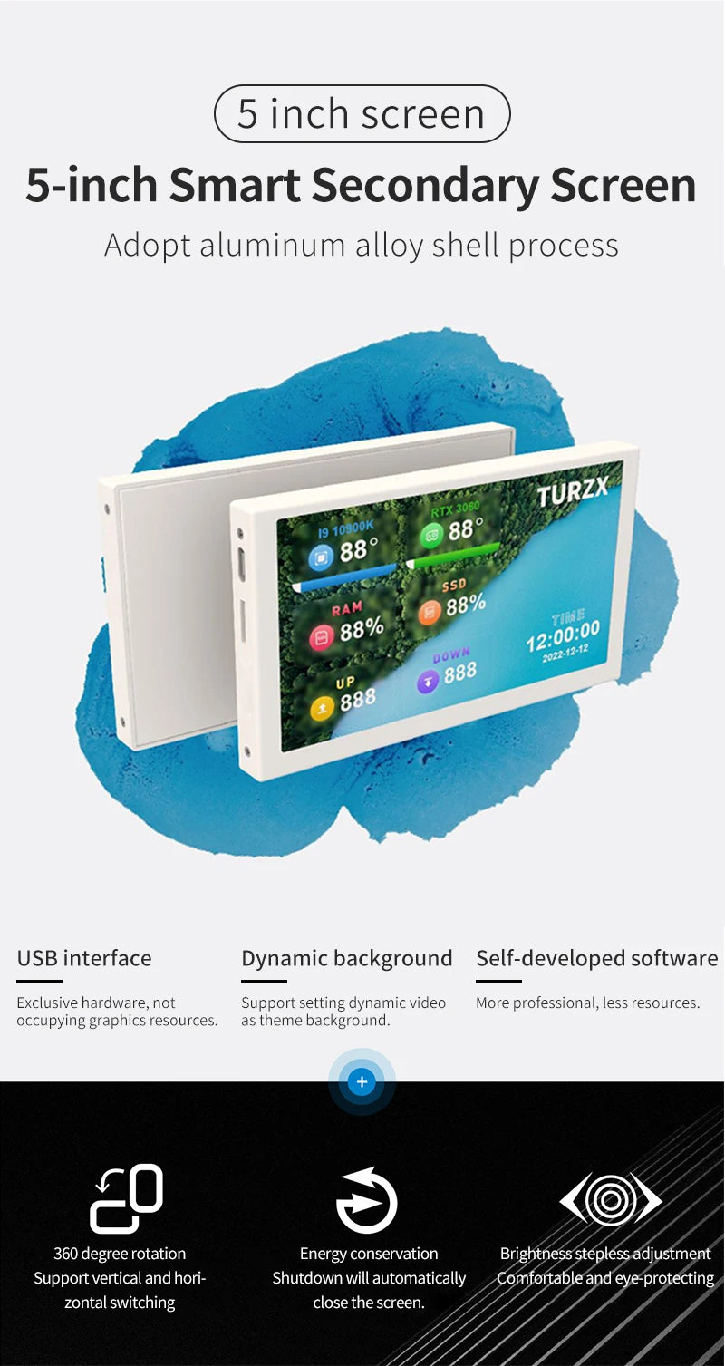 3.5 / 5 Inch IPS Type-C Secondary Screen Mini Computer USB Display CPU GPU RAM HDD Monitor with Holder Metal Case No Use AIDA64.