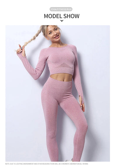 Women Yoga 2 Pieces Workout Outfits Seamless High Waist Leggings Sports Crop Top Running Clothes Sets.