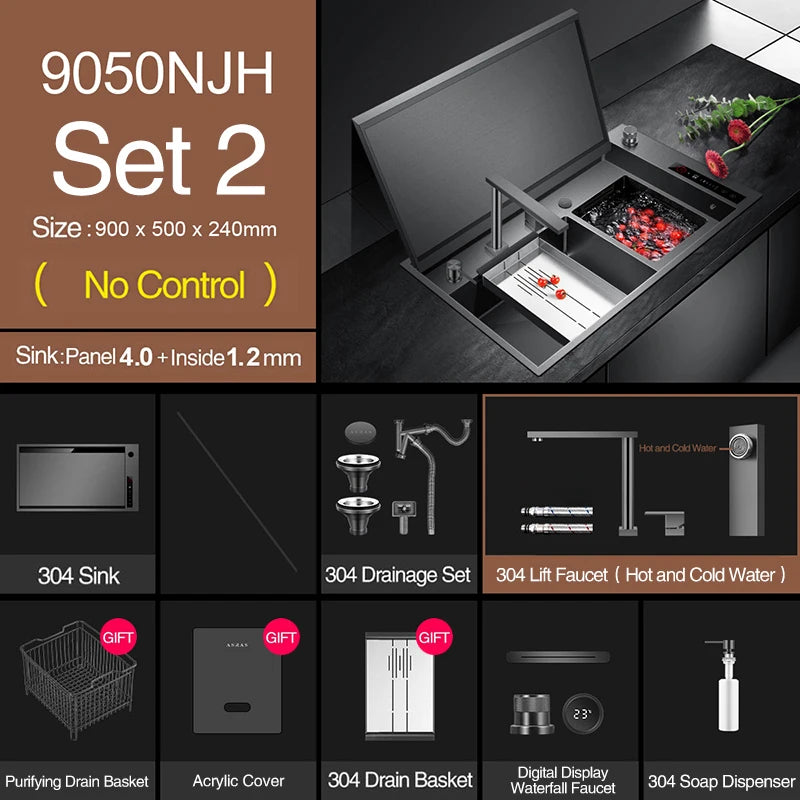 ASRAS Hidden Double Sinks Smart Purifying Kitchen Island Sinks Flip Cover Hidden 4mm Thickness Handmade kitchen Sinks