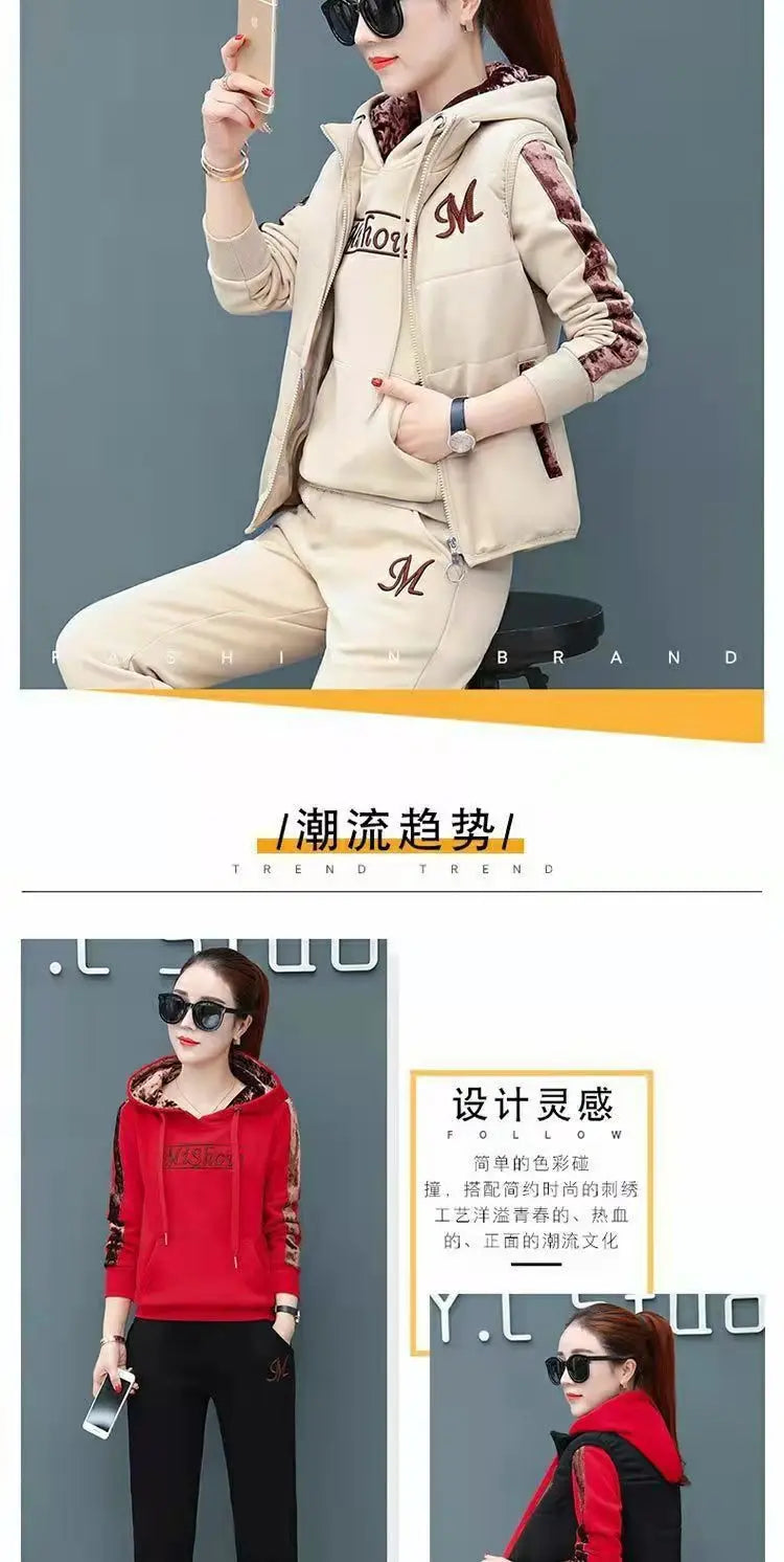 Winter 3 Pcs/Set Women Waistcoat Top Pants Set Letter Embroidery Ladies Winter Tracksuit Color Block Three-piece Sweatpants Set.