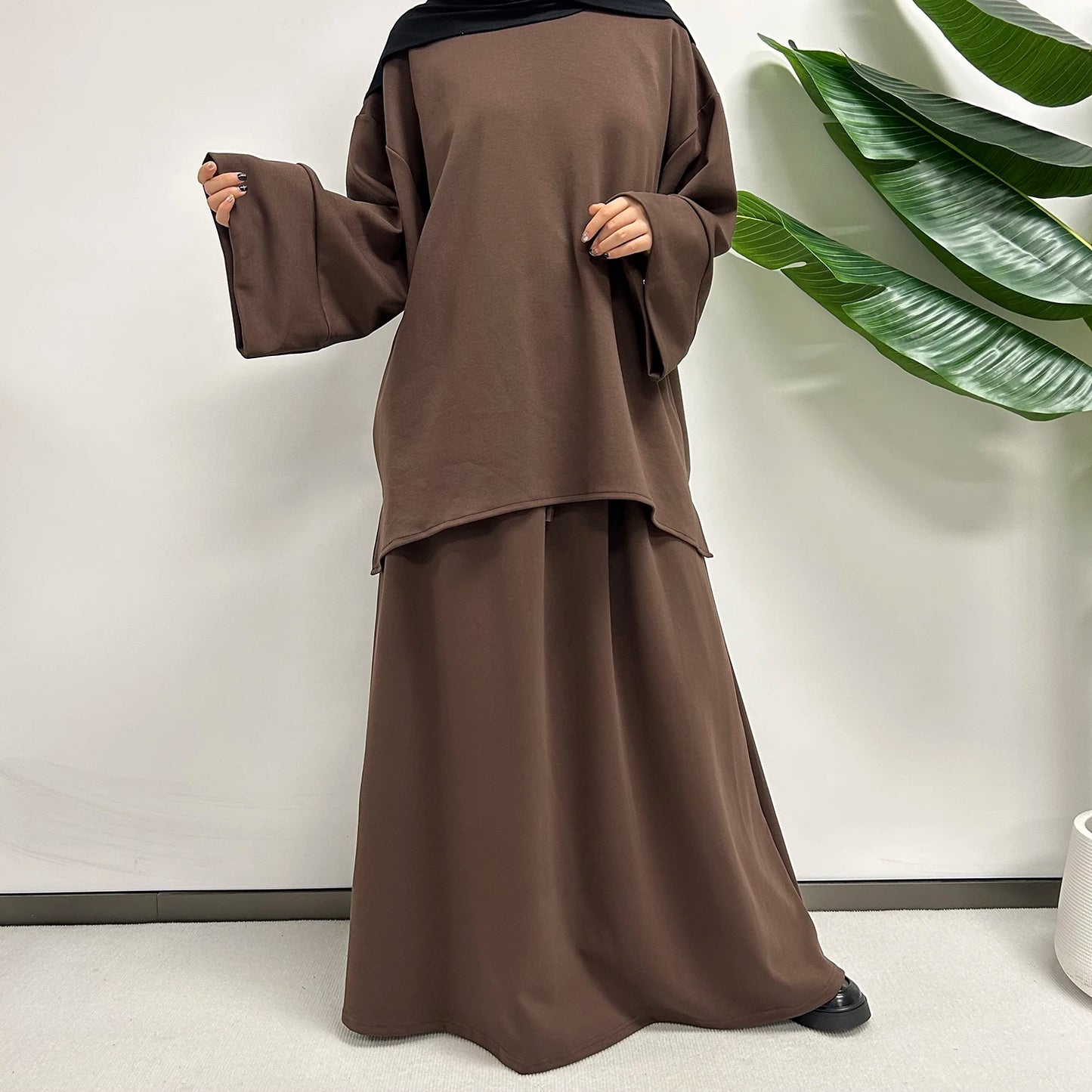 Modest Co Ords Set Women Muslim Cotton 2 Piece Abaya Skirt with Pockets High Quality Autumn Winter Thick Warm Islam Dubai Luxury.