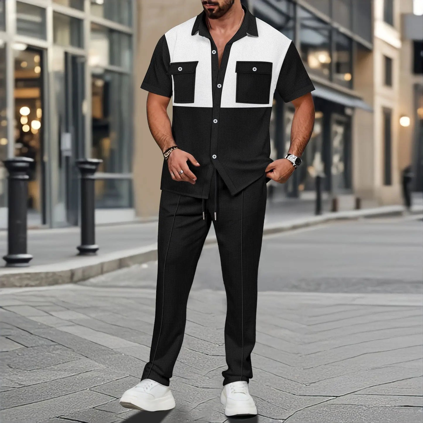 2025 Summer New Men Light Ripe Casual solid Color Button Pocket Fashion Waffle trend Shirt Short-Sleeved Trousers Two-piece Set.
